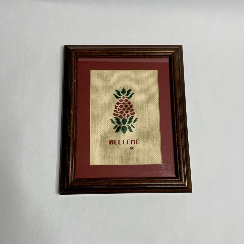 Vintage Custom Framed Pineapple Welcome Cross-Stitch Needlepoint Art - Picture 3 of 4